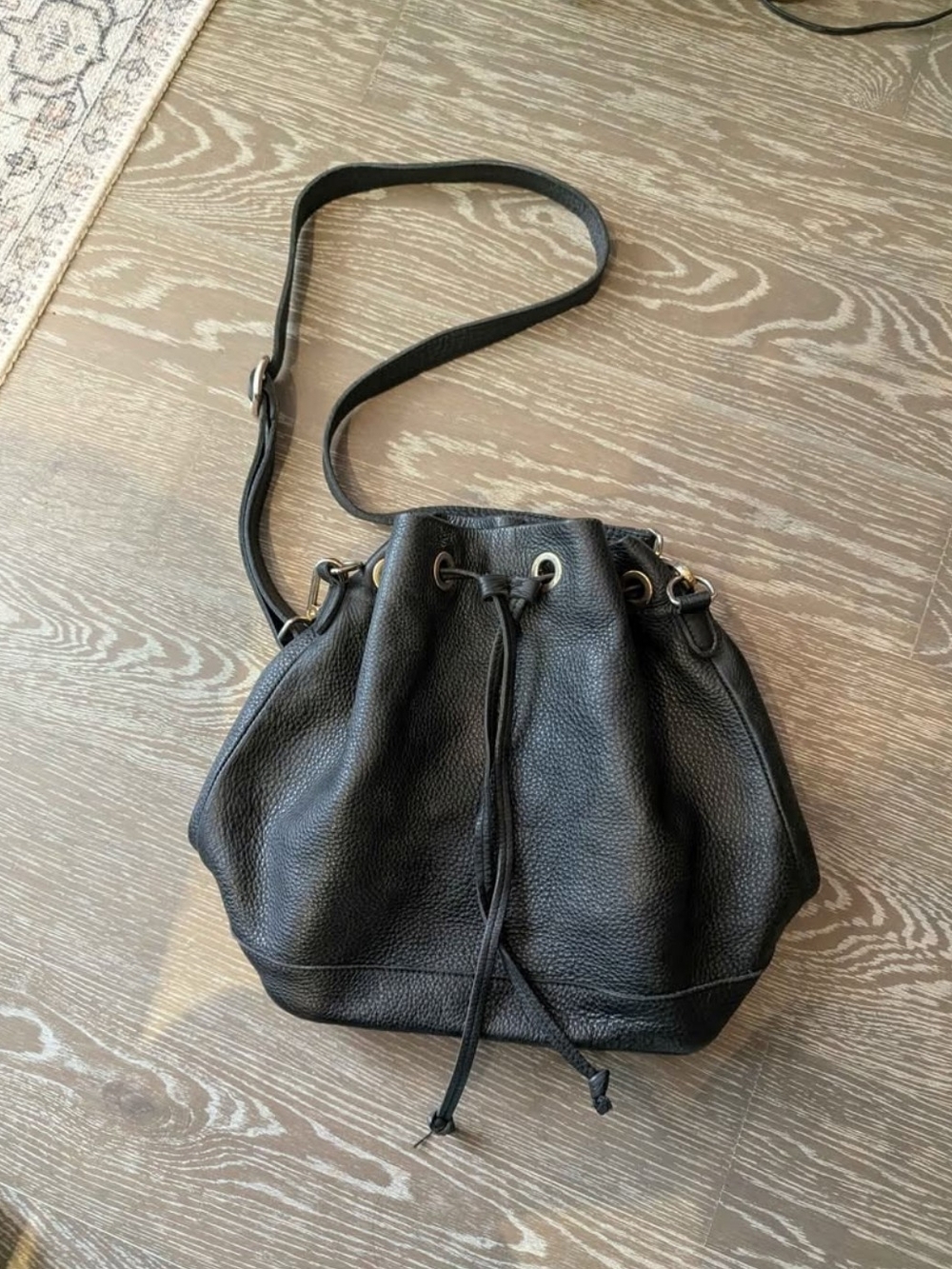 Roots Classic Black Leather Drawstring Bucket Crossbody Bag
